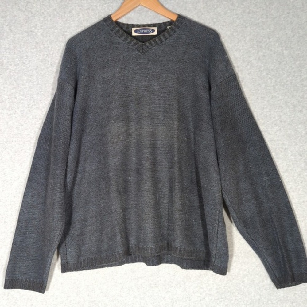 Vintage Express XL Ramie Cotton V Neck Blue Tight Knit Sweater Grunge Boxy Y2K